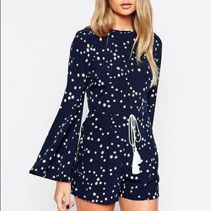 asos •  flare sleeve star print playsuit in blue